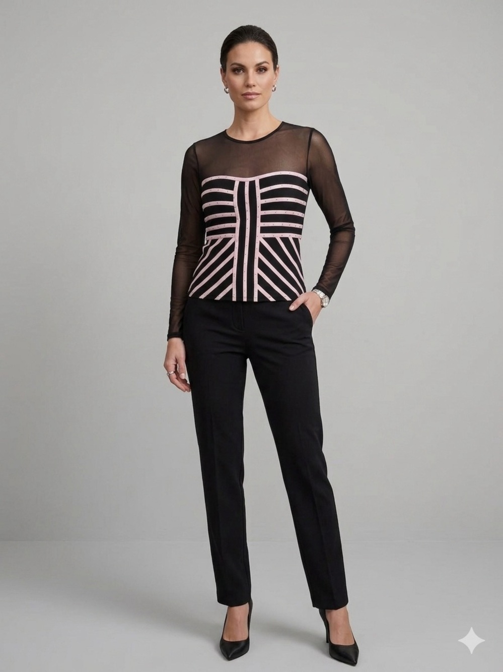 Joseph Ribkoff Black and Pink Mesh Studded Top